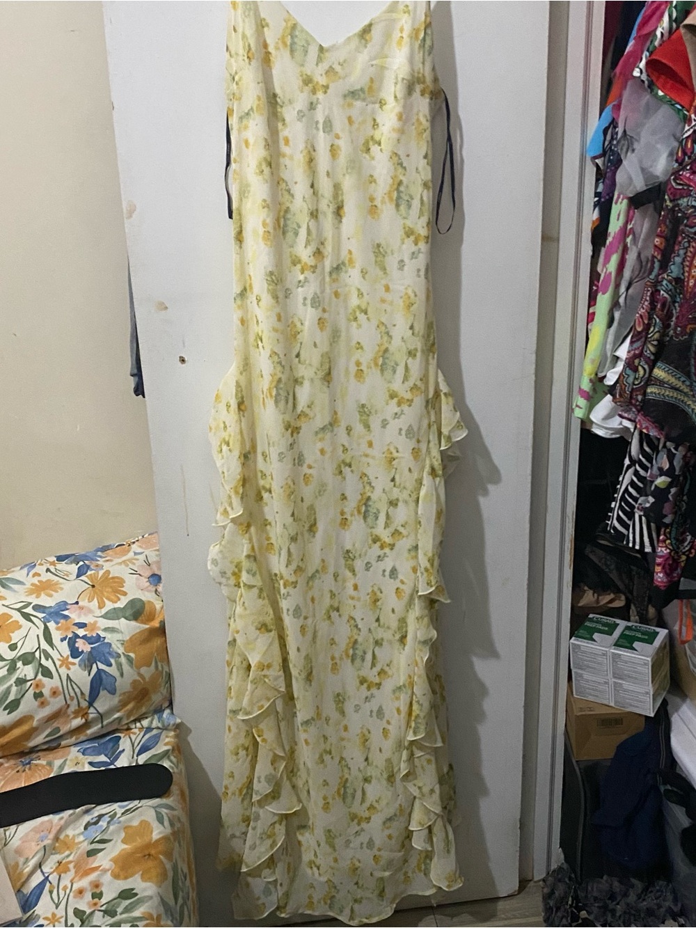 Forever 21 Cream and Yellow Floral Ruffle Maxi Dress